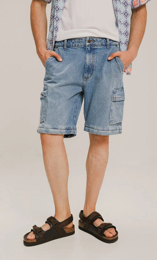 Jeans Bermuda Baggy Cargo Azul